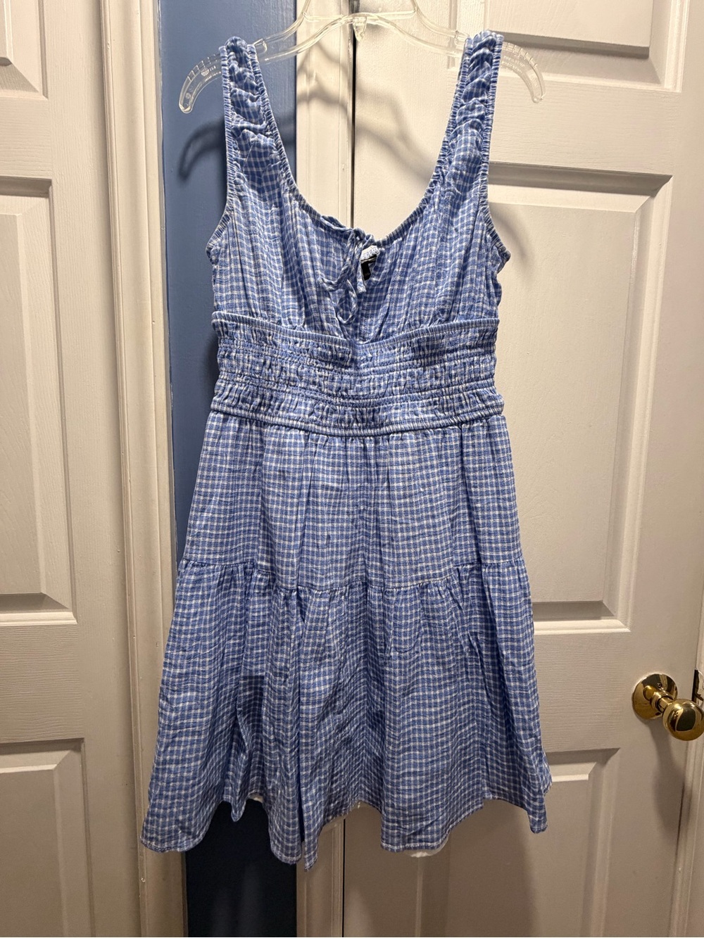 Light Blue Gingham Smocked Mini Dress with Tie Front